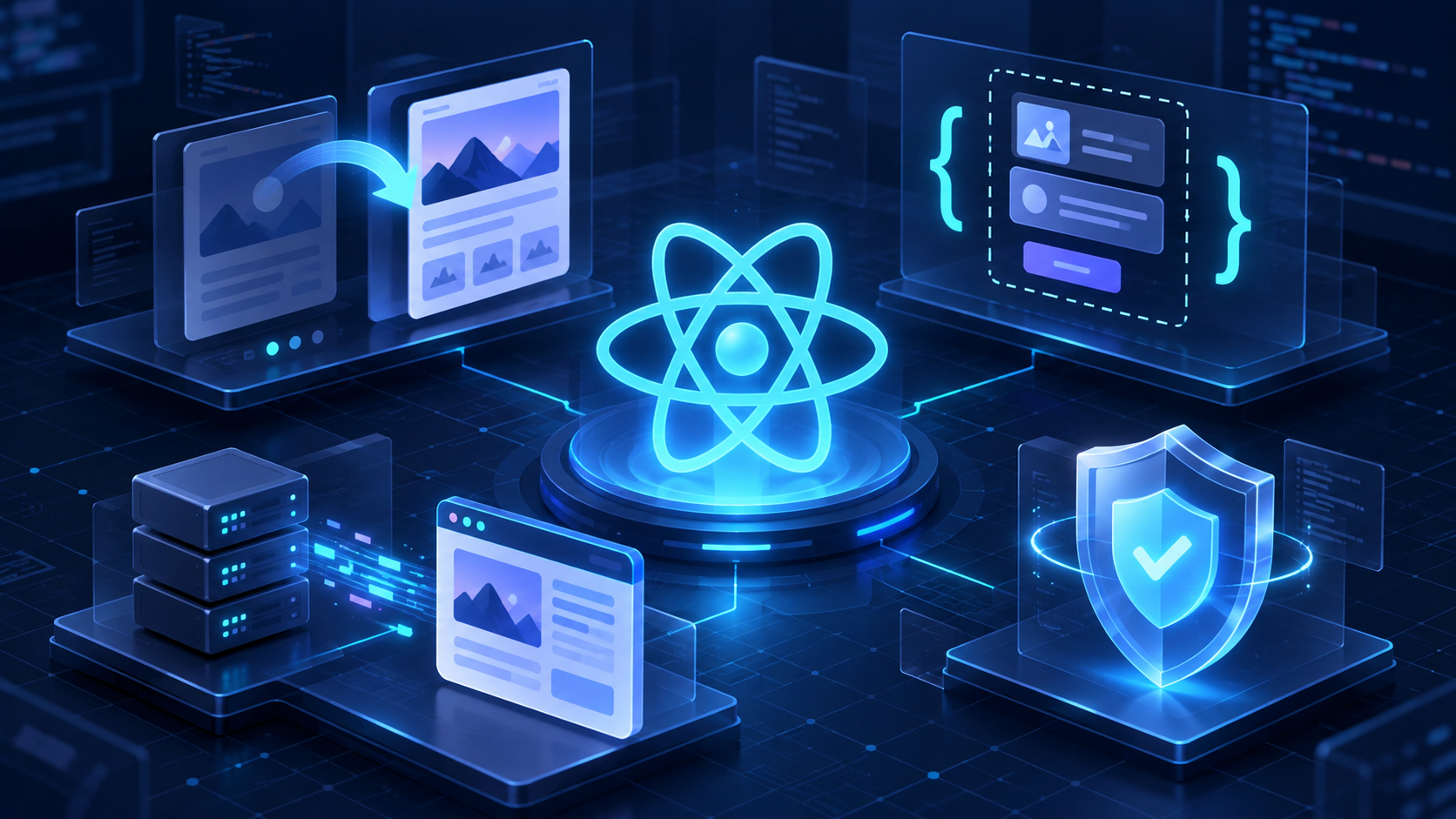 React 19.3의 View Transitions, Fragment Refs, 서버와 브라우저 경계, Trusted Types를 표현한 대표 이미지
